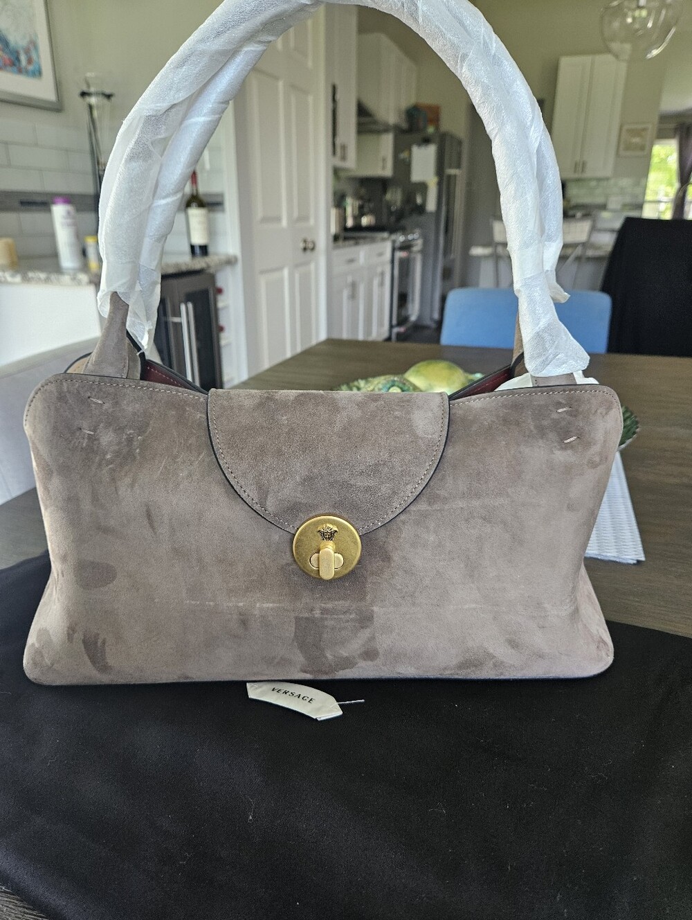 NWT❤️Versace Vivian East West Taupe Suede Shoulder Bag